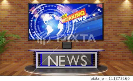 white table and lcd background in a news studio room.3d rendering.	 white table and lcd background in a news studio room.3d rendering.	 111872160