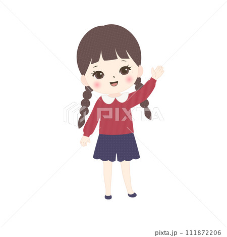 左手を挙げて案内する女の子 111872206