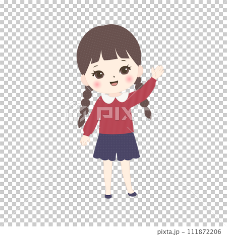 左手を挙げて案内する女の子 111872206