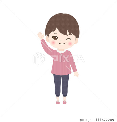 右手を挙げて案内する男の子 111872209
