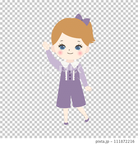 右手を挙げて案内する女の子 111872216