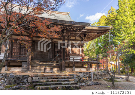 秋の京都高雄　神護寺　紅葉に包まれた毘沙門堂 111872255