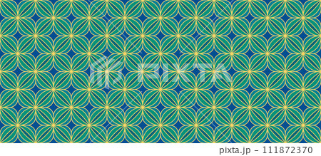 Retro art deco blue and green seamless pattern. Repeated gold circle or floral motif. Vintage decorative texture for wallpaper, textile, fabric, print swatch. Vector golden elegant ornament backdrop Retro art deco blue and green seamless pattern. Repeated gold circle or floral motif. Vintage decorative texture for wallpaper, textile, fabric, print swatch. Vector golden elegant ornament backdrop 111872370