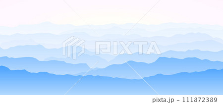 Mountain range silhouettes on sunset or sunrise. Morning panoramic landscape view. Mountain ridges and hills background. Blue pink mount peaks with mist and fog. Vector scenery terrain illustration Mountain range silhouettes on sunset or sunrise. Morning panoramic landscape view. Mountain ridges and hills background. Blue pink mount peaks with mist and fog. Vector scenery terrain illustration 111872389