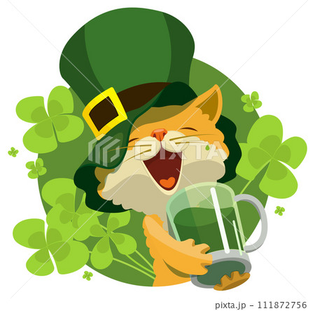 Patrick day party red cute cat drinking green beer on background of lucky clover leaves Patrick day party red cute cat drinking green beer on background of lucky clover leaves 111872756