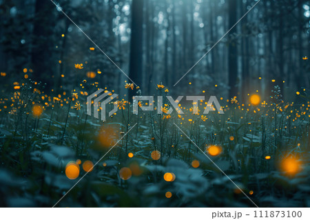 AI-generated content. Enchanted forest scene with fireflies glowing at dusk 111873100