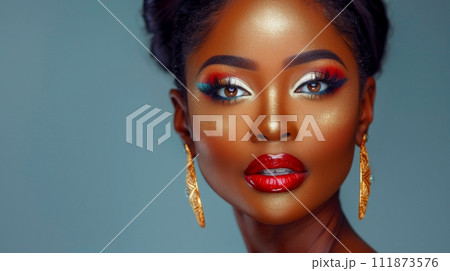 Close-up, Pretty face of a beautiful woman with multi colors vivid makeup on minimal background, Generative AI 111873576