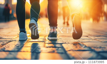 Close-up of a runner jogging in the rain on a road during a marathon, Generative AI 111873995