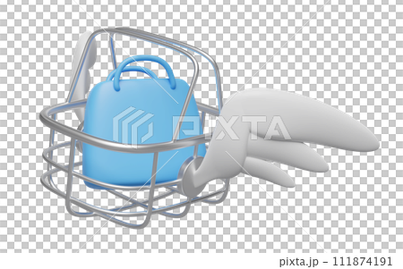 stainless steel shopping basket with wing, bag isolated. Online shopping, express delivery concept, 3d illustration render 111874191