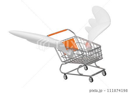 Empty stainless steel shopping carts or basket with wing isolated on orange background. Online shopping, express delivery concept, 3d illustration render 111874198