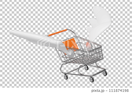 Empty stainless steel shopping carts or basket with wing isolated on orange background. Online shopping, express delivery concept, 3d illustration render 111874198