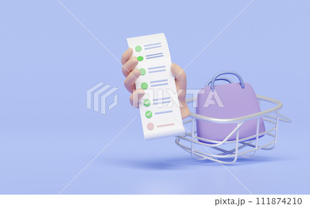 3d hand holding bill receipt paper with shopping bag, basket isolated on blue background. invoice, electronic bill concept, 3d render illustration 111874210