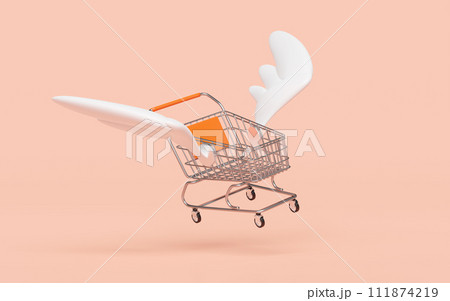 Empty stainless steel shopping carts or basket with wing isolated on orange background. Online shopping, express delivery concept, 3d illustration render 111874219