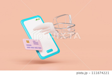 mobile phone, smartphone with empty stainless steel shopping basket wing, credit card isolated on orange background. Online shopping, express delivery concept, 3d illustration render mobile phone, smartphone with empty stainless steel shopping basket wing, credit card isolated on orange background. Online shopping, express delivery concept, 3d illustration render 111874221