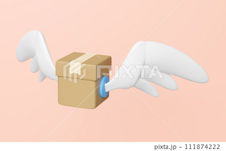 3d goods cardboard box with wing isolated on orange background. Online shopping, express delivery concept, 3d illustration render 111874222