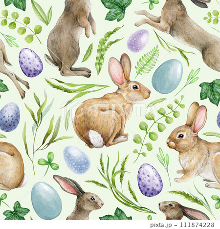 Bunny Easter decor seamless pattern. Watercolor illustration. Hand drawn cute bunnies, painted eggs, green leaves, herbs. Easter festive decoration with rabbits and greens. Springtime lush decor 111874228