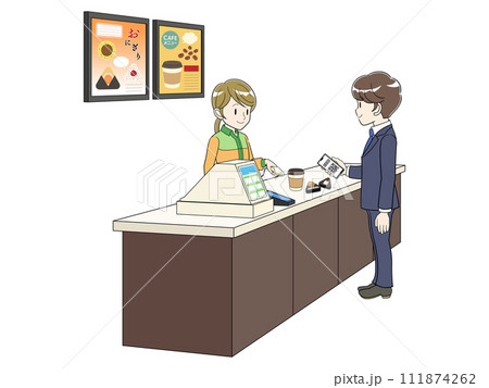 コンビニのレジでスマホ決済するビジネスマン 111874262