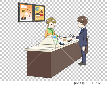 コンビニのレジでスマホ決済するビジネスマン 111874262