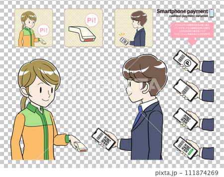 商人和收銀員進行無現金支付的插圖集 111874269