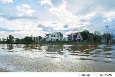 Inle Lake City, The Floating village urban city town houses, lake sea or river. Nature landscape fisheries and fishing tools, Myanmar. Aquaculture farming 111874426