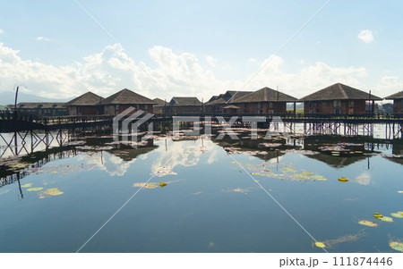 Inle Lake City, The Floating village urban city town houses, lake sea or river. Nature landscape fisheries and fishing tools, Myanmar. Aquaculture farming 111874446