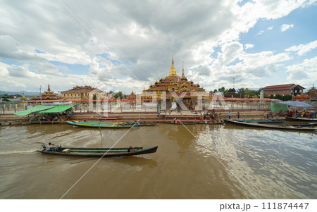 Inle Lake City, The Floating village urban city town houses, lake sea or river. Nature landscape fisheries and fishing tools, Myanmar. Aquaculture farming 111874447
