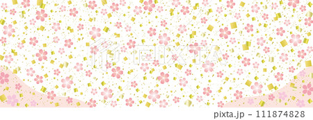 桜の花と金箔紙吹雪の和風背景/横長/桃色・金 桜の花と金箔紙吹雪の和風背景/横長/桃色・金 111874828