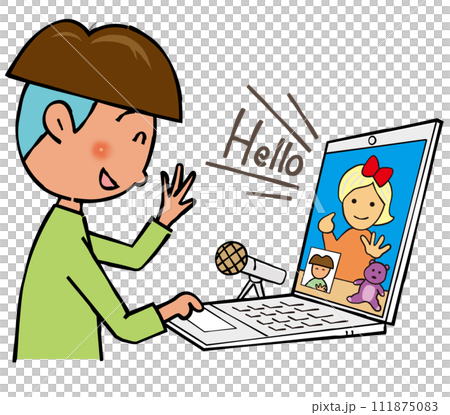 パソコンで外国の女の子とテレビ電話をする男の子 パソコンで外国の女の子とテレビ電話をする男の子 111875083