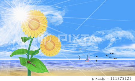 真夏の眩い太陽を背景に咲く向日葵 文字入れ用背景素材 真夏の眩い太陽を背景に咲く向日葵 文字入れ用背景素材 111875123