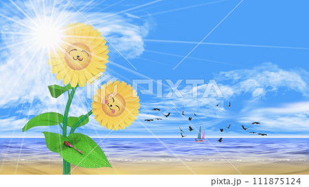 真夏の眩い太陽を背景に咲く向日葵にっこりキャラクター　文字入れ用背景素材 111875124
