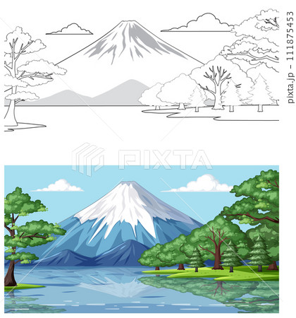 Serene Mountain Lake Before and After Illustration 111875453