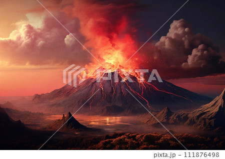 A majestic volcano spewing lava, dark plumes rising against a fiery sky. Generative AI. A majestic volcano spewing lava, dark plumes rising against a fiery sky. Generative AI. 111876498