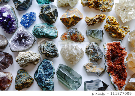 A diverse assortment of colorful rare earth and minerals, beautifully displayed, showcasing nature's variety in texture and color. Generative AI. 111877009
