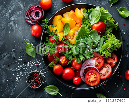 A healthy medley of garden-fresh vegetables, delicately seasoned with herbs and spices, perfect for a nutritious meal. Generative AI. 111877492