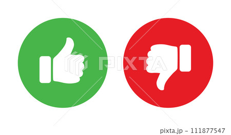 Like and dislike symbol set in green and red circle. Thumbs up and down flat icon set in white color. Rating and feedback Thumbs-Up and Thumbs-down icon set isolated on white background. 111877547