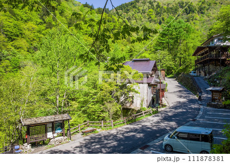 新緑が鮮やかな「白骨温泉」案内所周辺 111878381