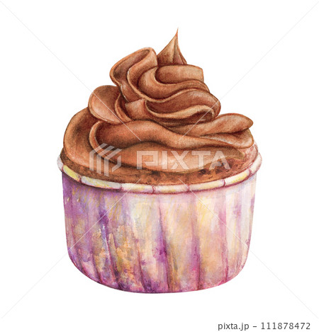 Cupcake muffin cream watercolor drawing chocolate in paper. Cake bakery tasty dessert illustration. Birthday celebration pastry aquarelle isolated on white background. Delicious whipped butter cream  111878472