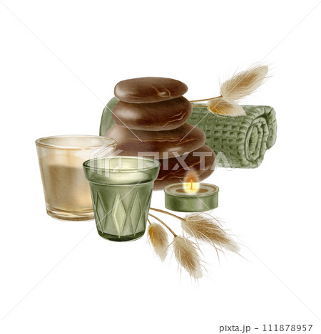 Watercolor composition from a stack of massage stones, candles, a rolled cotton towel, dried flowers. Accessory for aromatherapy.Wellness and beauty salon spa concept. 111878957
