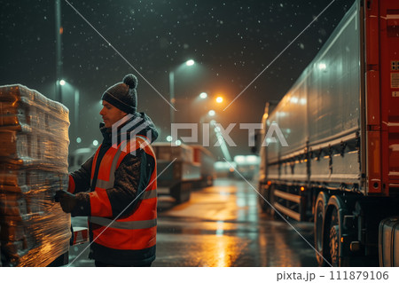A dedicated worker, wearing a reflective safety vest and beanie, secures cargo during a snowy night shift at a freight transport area, with the glow of truck lights and street lamps illuminating the A dedicated worker, wearing a reflective safety vest and beanie, secures cargo during a snowy night shift at a freight transport area, with the glow of truck lights and street lamps illuminating the 111879106