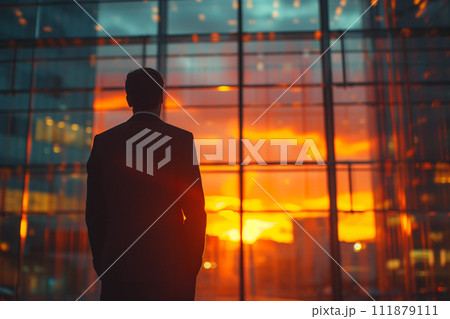A contemplative businessman stands silhouetted against a vibrant sunset, the golden hues reflecting off the glossy floor of a modern office building, overlooking a bustling cityscape. 111879111