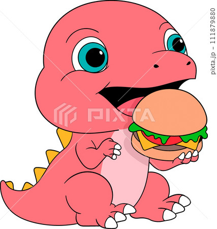 cute sticker cartoon doodle illustration, red dinosaur is enjoying a delicious burger 111879880