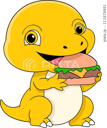 cute sticker cartoon doodle illustration, yellow dinosaur is enjoying a delicious burger 111879881