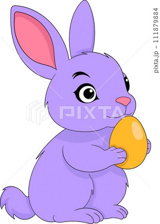Easter doodle cartoon illustration, purple rabbit carrying eggs celebrating Catholics 111879884