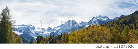 Morteratsch, Switzerland - October 15th 2023: Panoramic view towards the highest Bernina mountains 111879926