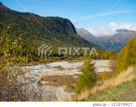 Morteratsch, Switzerland - October 15th 2023: View into the wild Bernina river valley 111879927