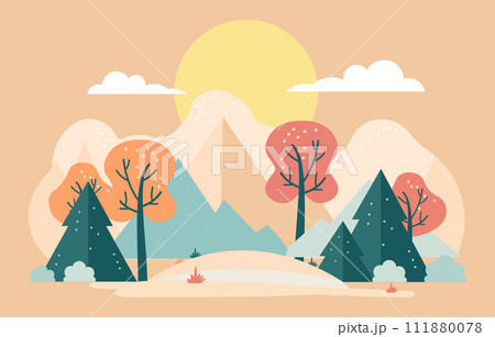 Flat Design Illustration of Nature View in Spring with Trees in the Park 111880078
