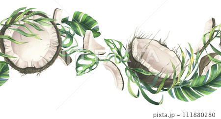 Coconuts whole, halves and pieces with bright, green, tropical palm leaves. Hand drawn watercolor illustration. Seamless border isolated from the background 111880280