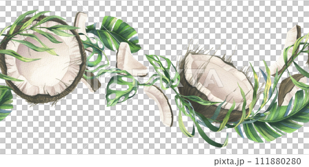 Coconuts whole, halves and pieces with bright, green, tropical palm leaves. Hand drawn watercolor illustration. Seamless border isolated from the background 111880280