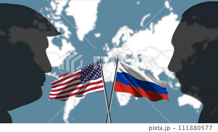 USA against Russia, the two superpowers challenge each other, with the silhouettes of Trump and Putin on the sides, the blurred map of the world in the background USA against Russia, the two superpowers challenge each other, with the silhouettes of Trump and Putin on the sides, the blurred map of the world in the background 111880577