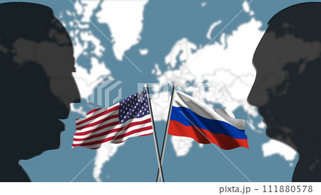 USA against Russia, the two superpowers challenge each other, with the silhouettes of Biden and Putin on the sides, the blurred map of the world in the background 111880578